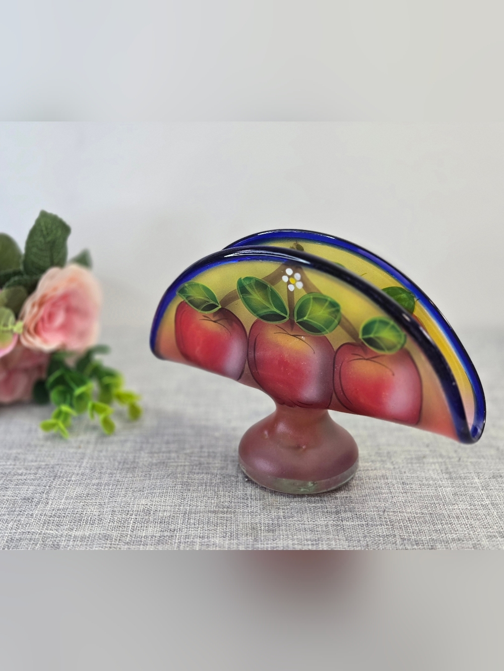 Vintage Hand Painted‎ Blown Glass Napkin Holder Apples Theme Multi Color